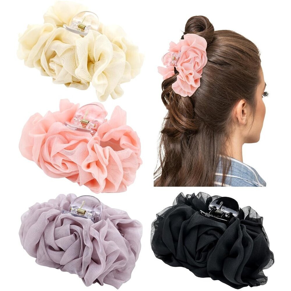 Large Flower Hair Claws 4 Pack Chiffon Pleated Rose Wooden Style Accessories